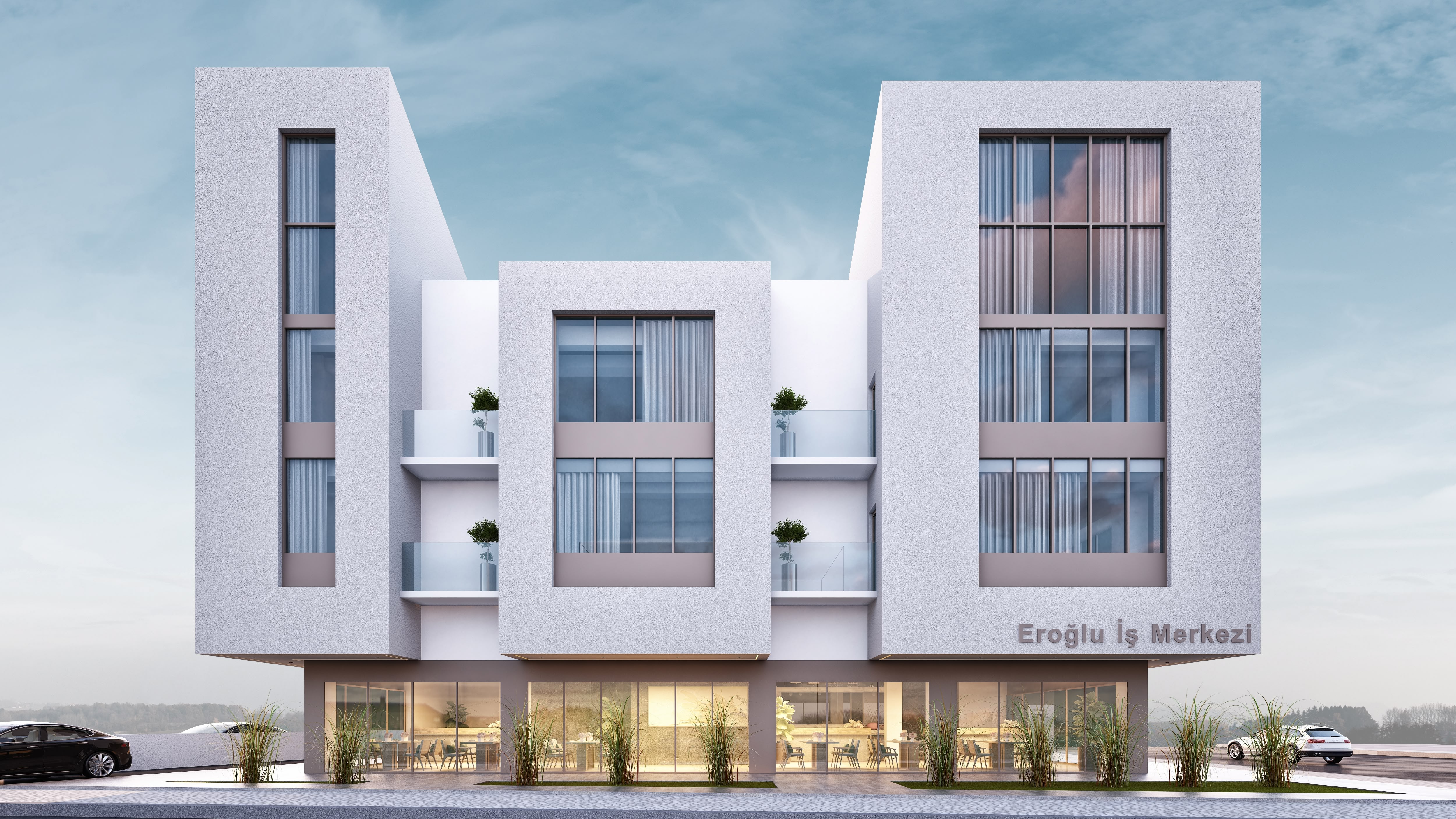 TE Grup İnşaat Eroğlu İş Merkezi ön cephe detayı - Modern ofis binası girişi